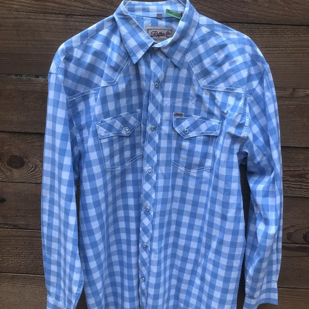 Men's RAFTER C XXL Lt Blue Gingham Pearl Snap Long Sleeve Button Down